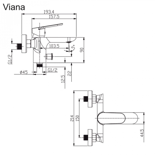 Vaňová nástenná batéria, Viana rozmery